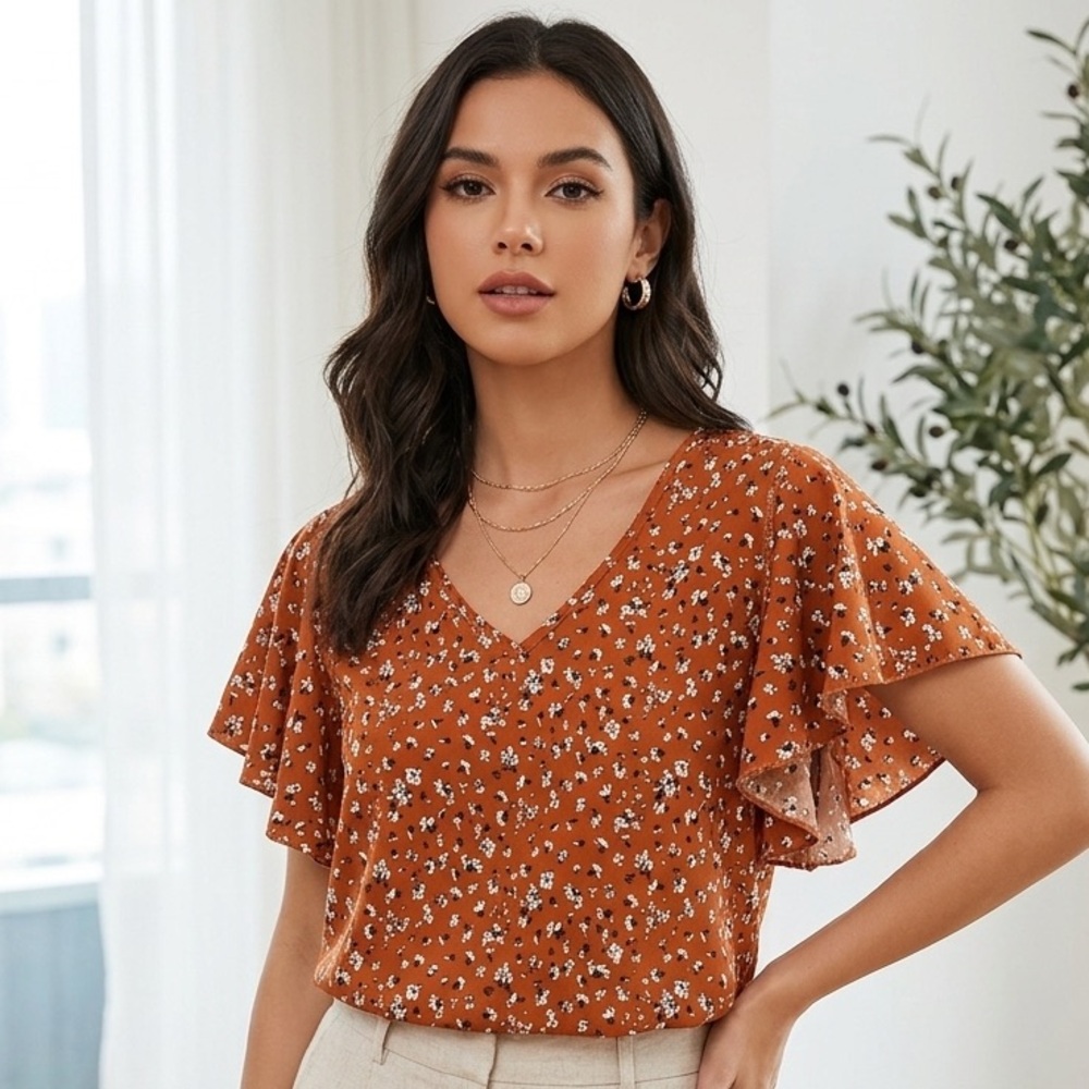 Women’s Rust Floral V-Neck